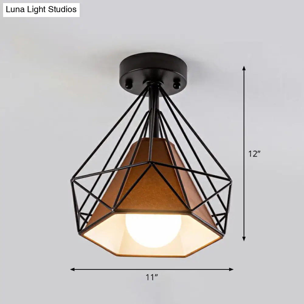 Sleek Iron Diamond Cage Semi Flush Ceiling Light Fixture Ideal For Corridors And Simplicity-Loving