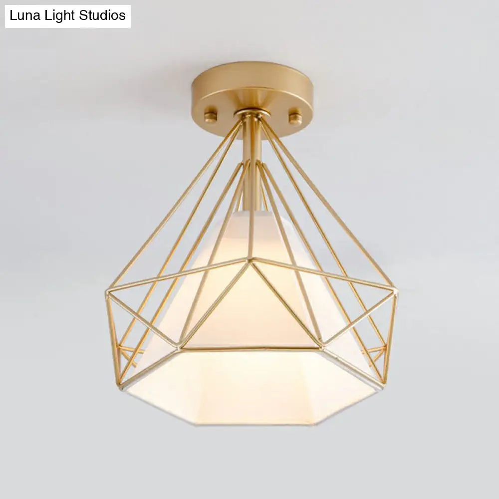 Sleek Iron Diamond Cage Semi Flush Ceiling Light Fixture Ideal For Corridors And Simplicity-Loving