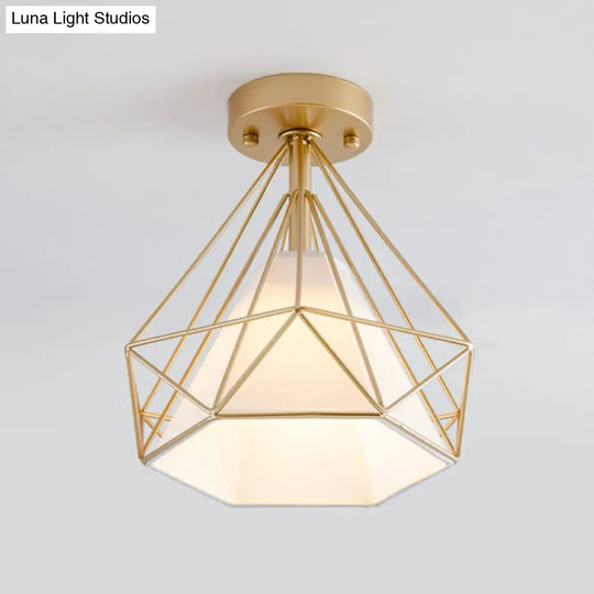 Sleek Iron Diamond Cage Semi Flush Ceiling Light Fixture Ideal For Corridors And Simplicity-Loving