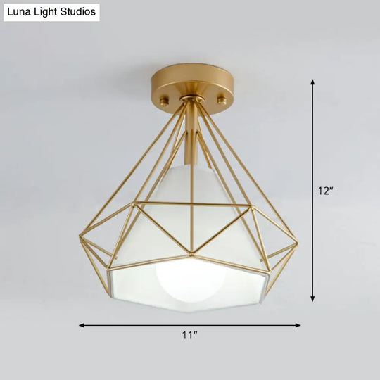 Sleek Iron Diamond Cage Semi Flush Ceiling Light Fixture Ideal For Corridors And Simplicity-Loving