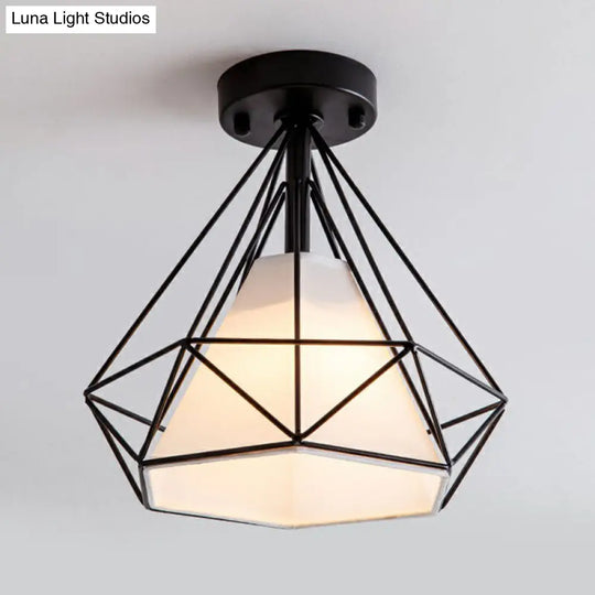 Sleek Iron Diamond Cage Semi Flush Ceiling Light Fixture Ideal For Corridors And Simplicity-Loving