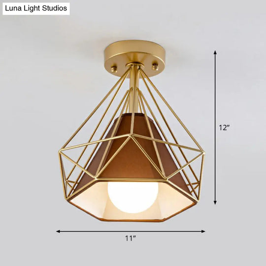 Sleek Iron Diamond Cage Semi Flush Ceiling Light Fixture Ideal For Corridors And Simplicity-Loving