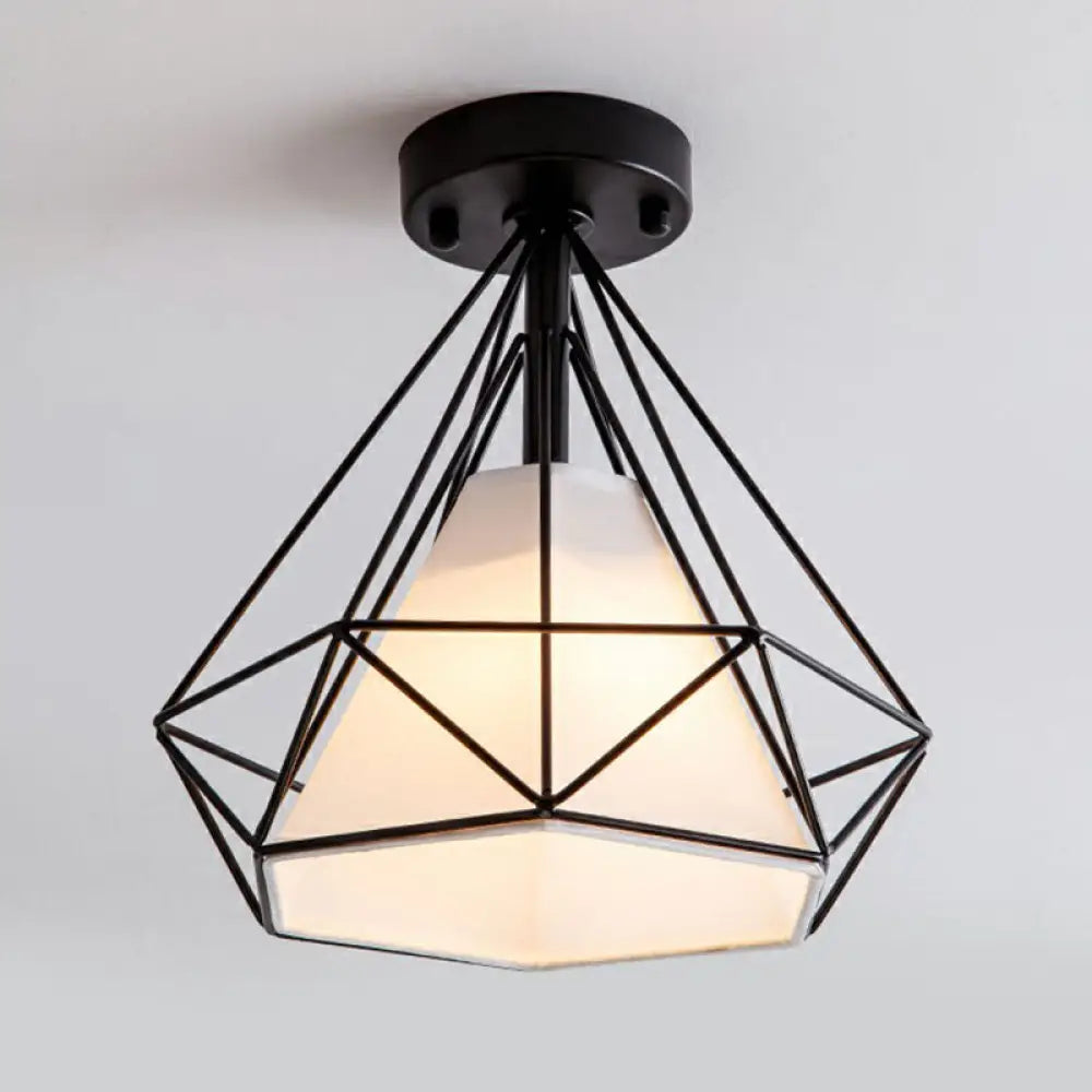 Sleek Iron Diamond Cage Semi Flush Ceiling Light Fixture – Ideal For Corridors And Simplicity -