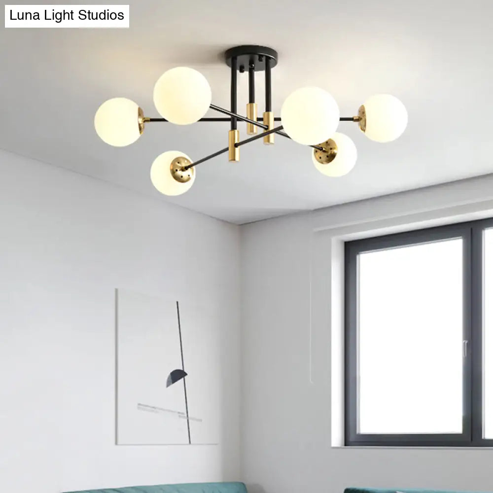 Sleek Ivory Glass Ball Flush Ceiling Light In Simple Black - Brass - Semi Mount For Dining Room