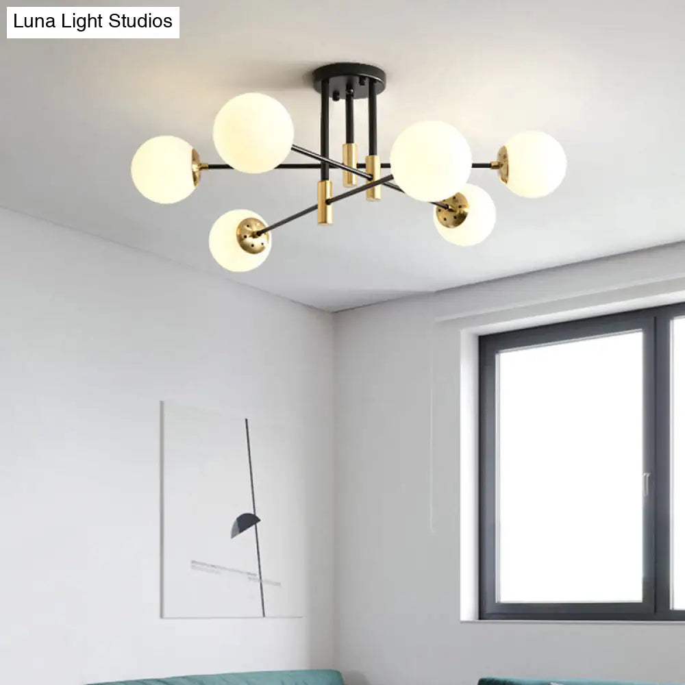 Sleek Ivory Glass Ball Flush Ceiling Light In Simple Black-Brass - Semi Mount For Dining Room