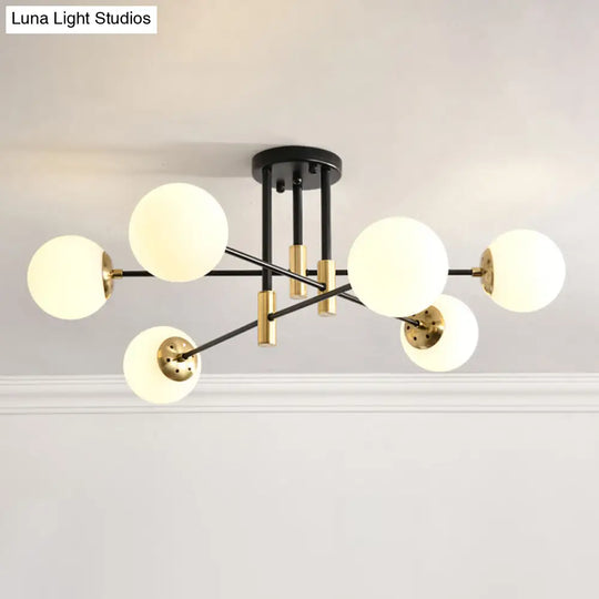 Sleek Ivory Glass Ball Flush Ceiling Light In Simple Black-Brass - Semi Mount For Dining Room 6 /