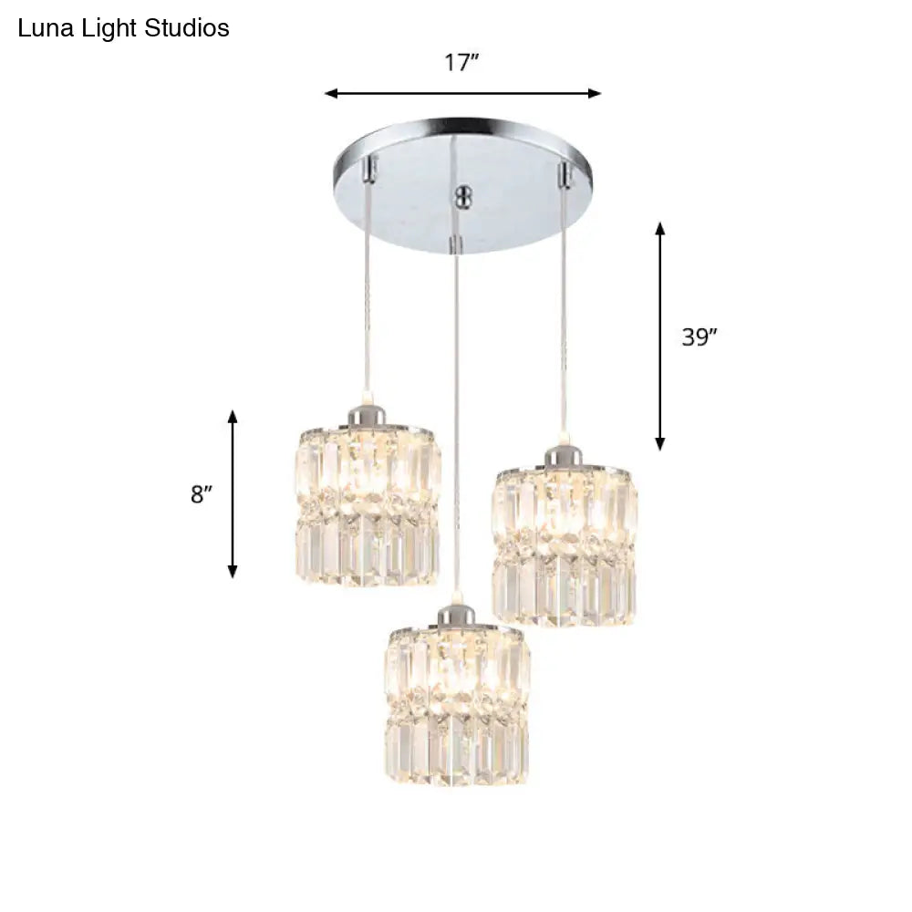 Simple K9 Crystal Column Pendant - 3 Bulbs Chrome Suspension Lamp For Dining Room