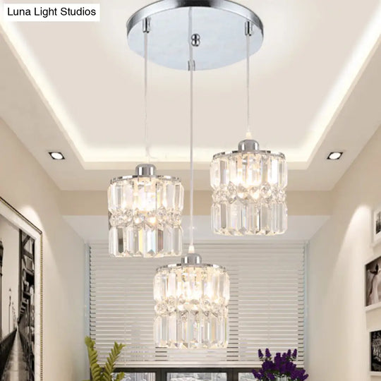 Simple K9 Crystal Column Pendant - 3 Bulbs Chrome Suspension Lamp For Dining Room