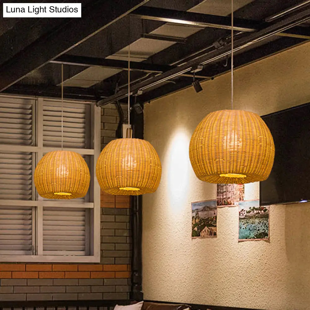 Sleek Khaki Dome Hanging Lamp: Stylish 1-Light Pendant Light Kit With Bamboo Woven Shade For Book