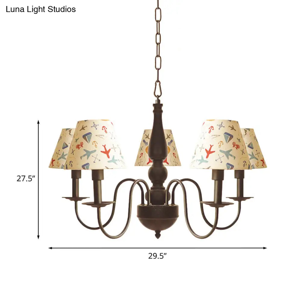 Sleek Kids Chandelier With Conic Printed Fabric Shade - Black Iron 3/5 Lights