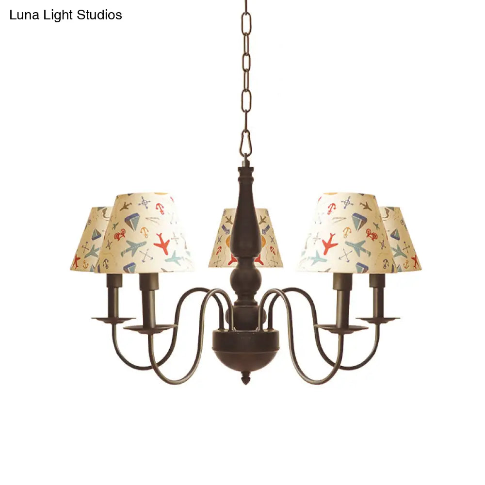 Sleek Kids Chandelier With Conic Printed Fabric Shade - Black Iron 3/5 Lights