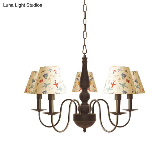 Sleek Kids Chandelier With Conic Printed Fabric Shade - Black Iron 3/5 Lights