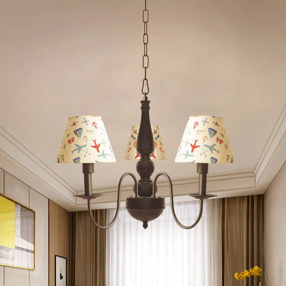 Sleek Kids Chandelier With Conic Printed Fabric Shade - Black Iron 3/5 Lights 3 /