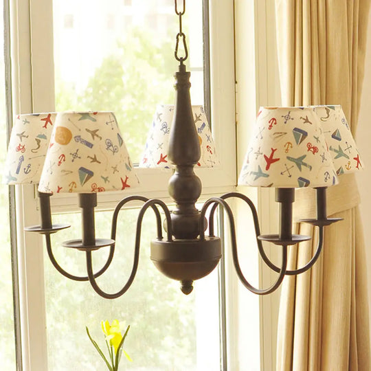 Sleek Kids Chandelier With Conic Printed Fabric Shade - Black Iron 3/5 Lights 5 /