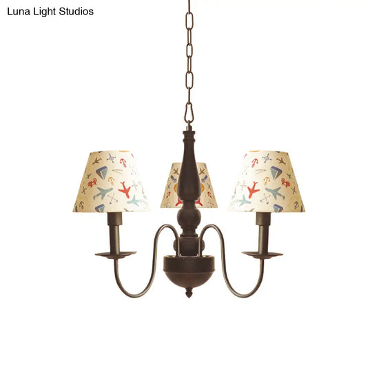 Sleek Kids Chandelier With Conic Printed Fabric Shade - Black Iron 3/5 Lights