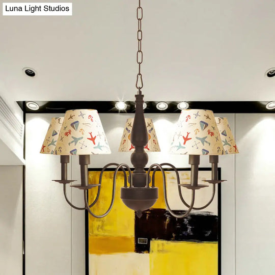 Sleek Kids Chandelier With Conic Printed Fabric Shade - Black Iron 3/5 Lights