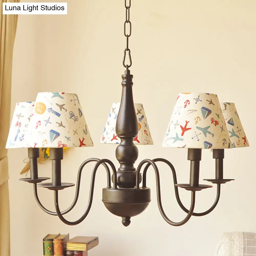 Sleek Kids Chandelier With Conic Printed Fabric Shade - Black Iron 3/5 Lights