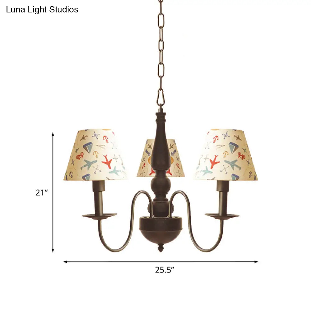 Sleek Kids Chandelier With Conic Printed Fabric Shade - Black Iron 3/5 Lights