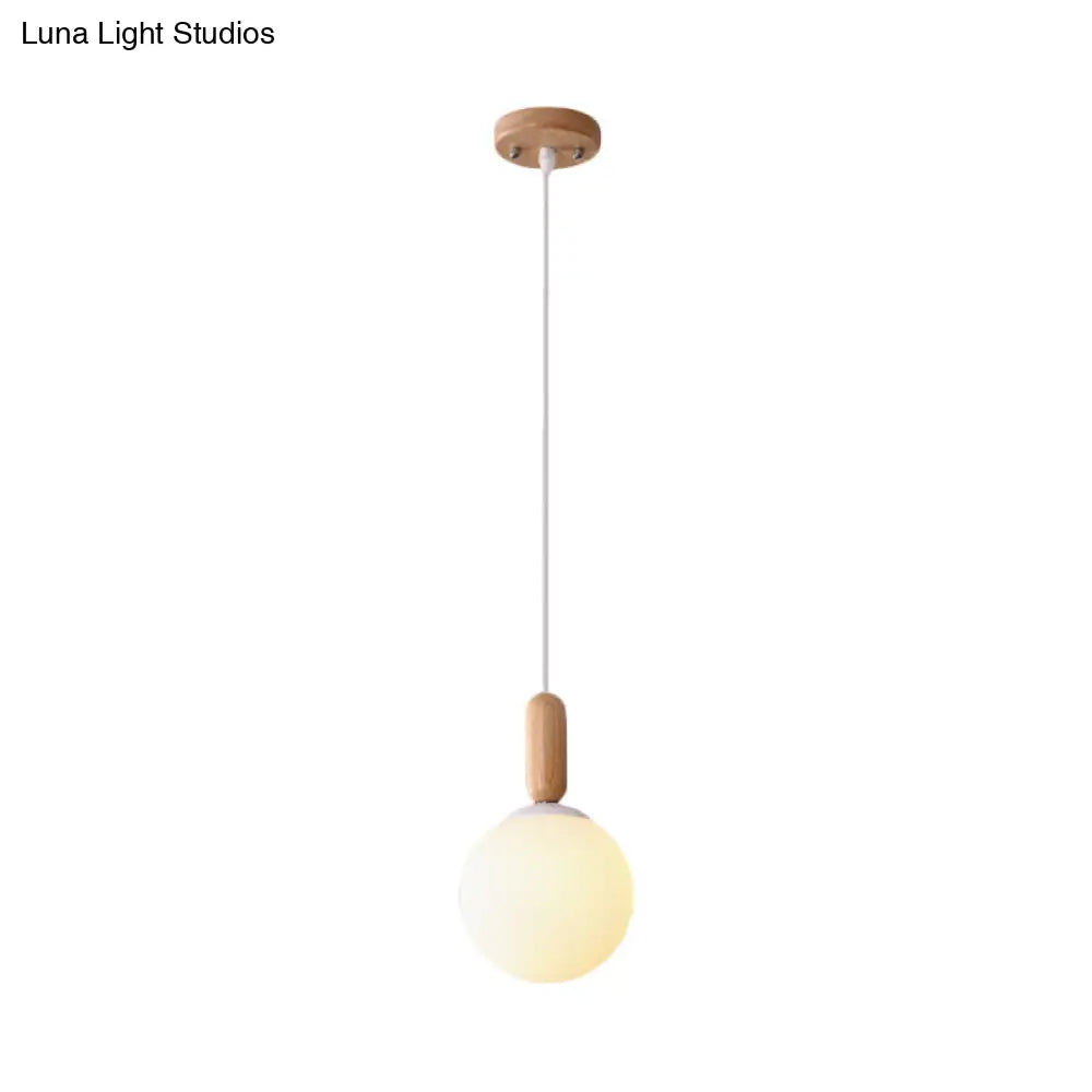 Sleek Sphere Kitchen Pendant Light: White/Cognac Glass Minimalist Design With Wood Grip