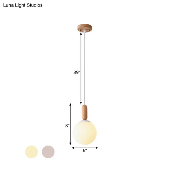 Sleek Sphere Kitchen Pendant Light: White/Cognac Glass Minimalist Design With Wood Grip