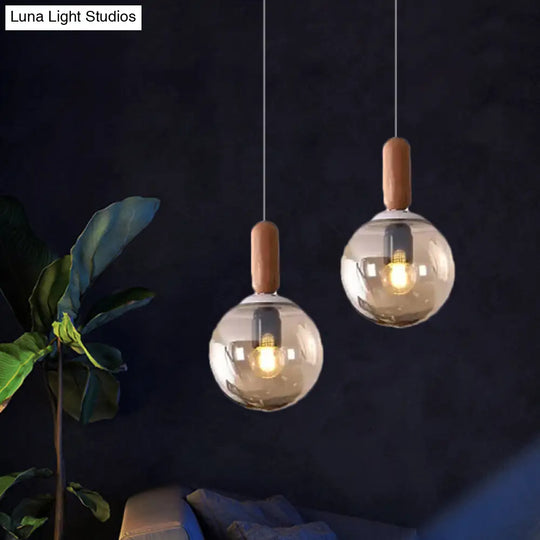 Sleek Sphere Kitchen Pendant Light: White/Cognac Glass Minimalist Design With Wood Grip Cognac