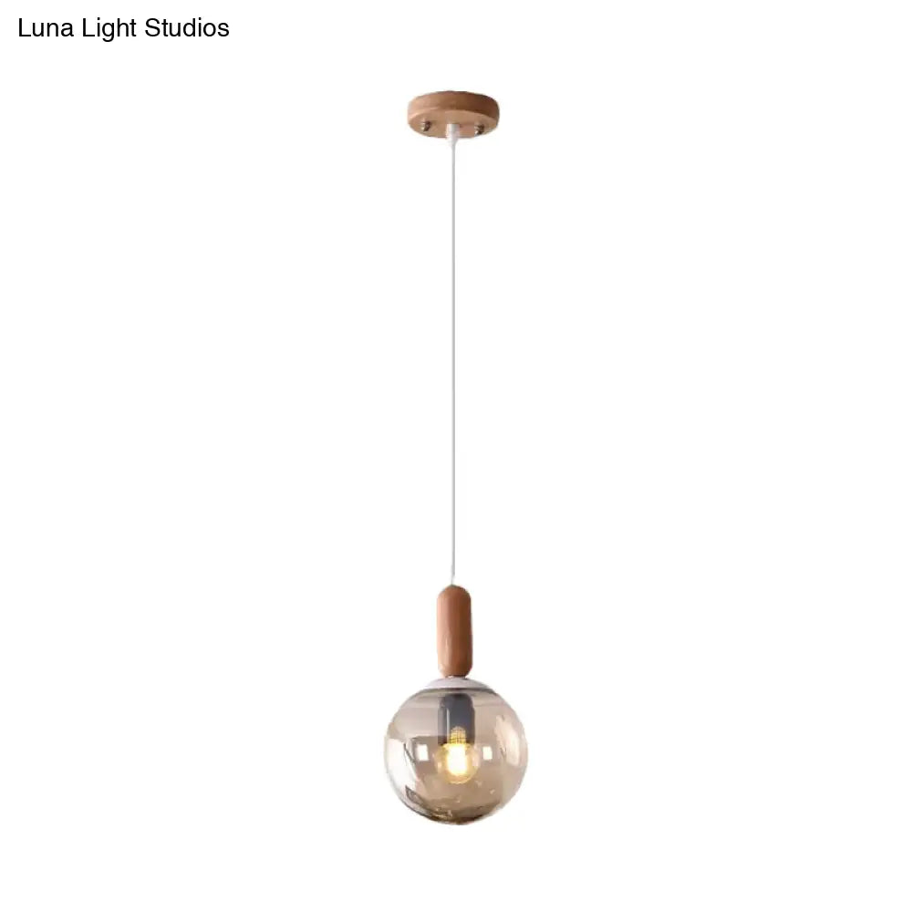 Sleek Sphere Kitchen Pendant Light: White/Cognac Glass Minimalist Design With Wood Grip