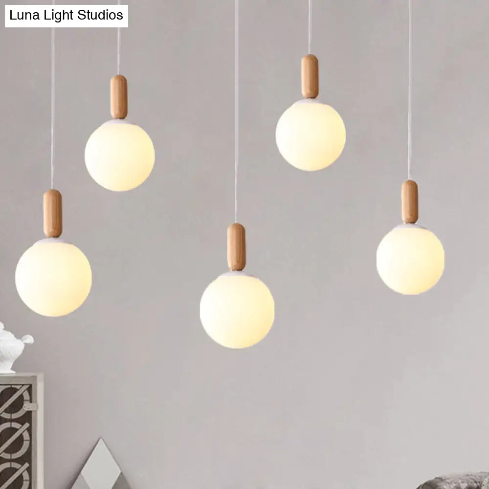 Sleek Sphere Kitchen Pendant Light: White/Cognac Glass Minimalist Design With Wood Grip White