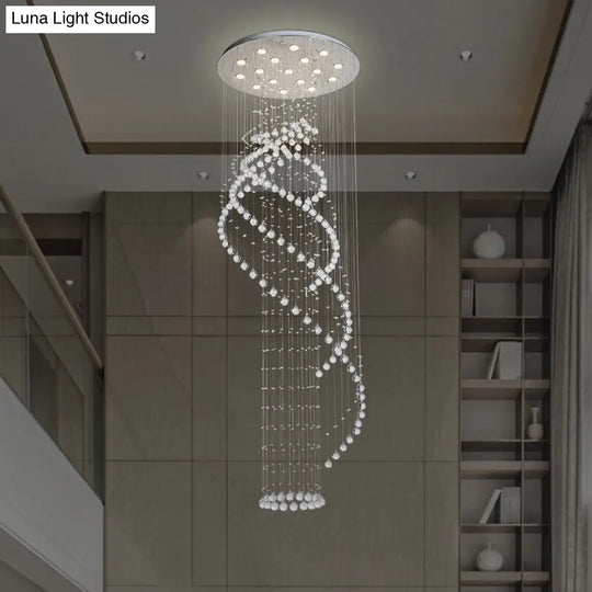 Silver Modernist Spiral Led Ceiling Light With Clear Crystal Cluster - 17 Bulbs Pendant Lamp