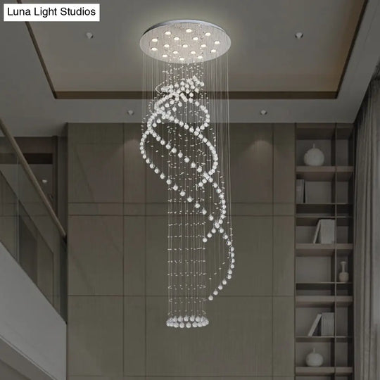 Sleek Led Ceiling Light: Modernist Spiral Design 17 Bulbs Clear Crystal Cluster Pendant In Silver