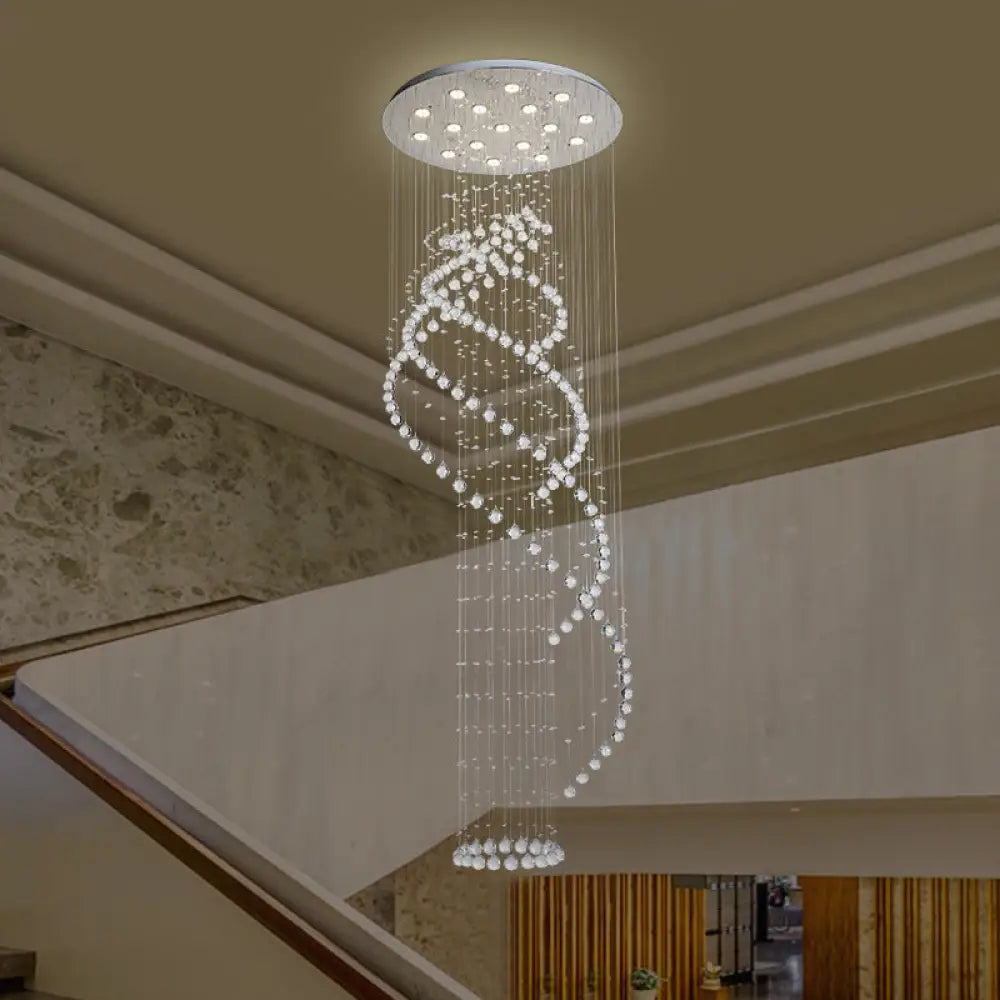 Sleek Led Ceiling Light: Modernist Spiral Design 17 Bulbs Clear Crystal Cluster Pendant In Silver