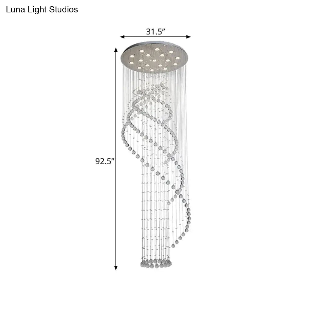 Sleek Led Ceiling Light: Modernist Spiral Design 17 Bulbs Clear Crystal Cluster Pendant In Silver