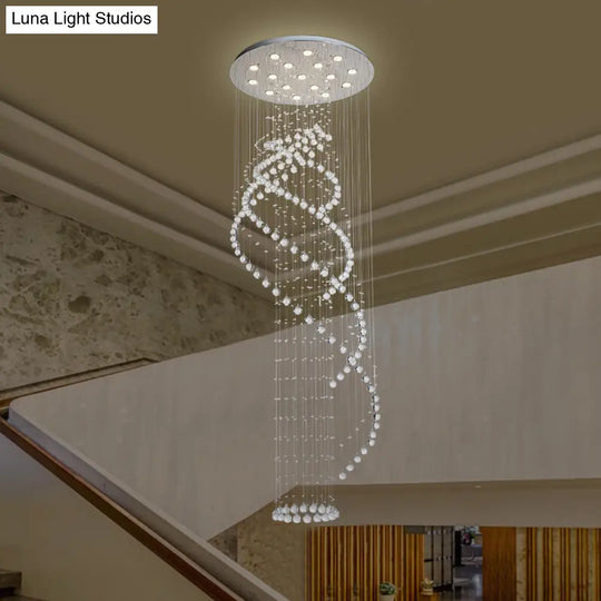 Silver Modernist Spiral Led Ceiling Light With Clear Crystal Cluster - 17 Bulbs Pendant Lamp