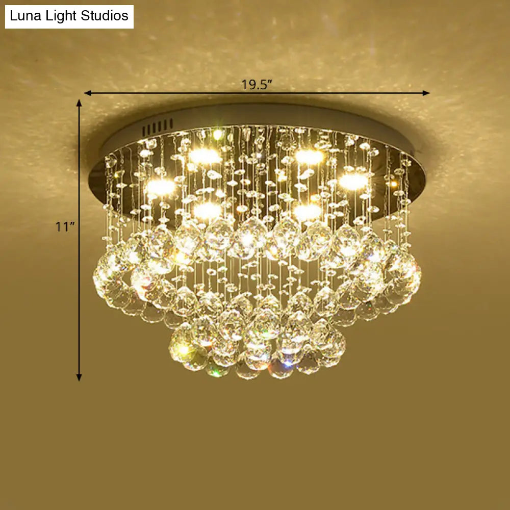 Sleek Led Flush Lamp: Nickel Circle Ceiling Light With Crystal Drip Shade 19.5/23.5 Wide