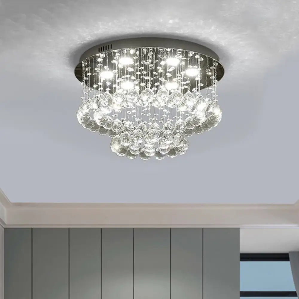 Sleek Led Flush Lamp: Nickel Circle Ceiling Light With Crystal Drip Shade 19.5/23.5 Wide / 19.5