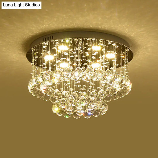 Sleek Led Flush Lamp: Nickel Circle Ceiling Light With Crystal Drip Shade 19.5/23.5 Wide