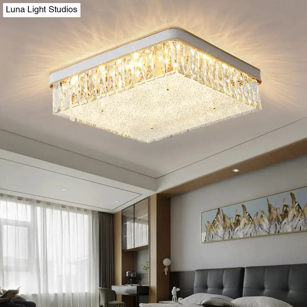 Sleek Led Flush Mount Fixture With Geometric Shape K9 Crystal Bedroom Ceiling Light