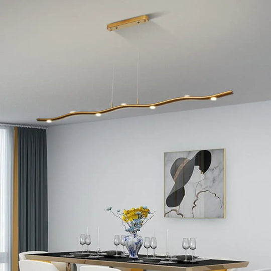 Sleek Led Metallic Ceiling Chandelier - Gold/Wood Waving Line Suspension Light In Warm/White Gold /