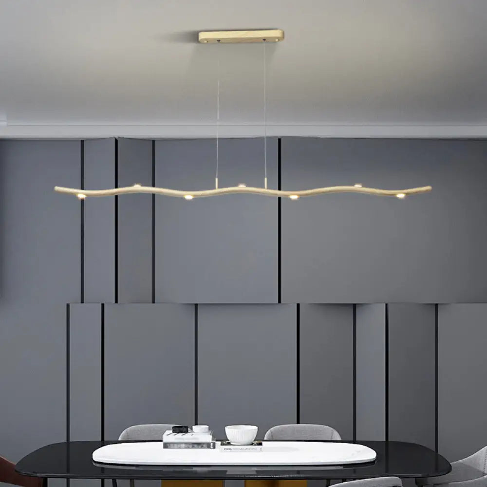 Sleek Led Metallic Ceiling Chandelier - Gold/Wood Waving Line Suspension Light In Warm/White Wood /