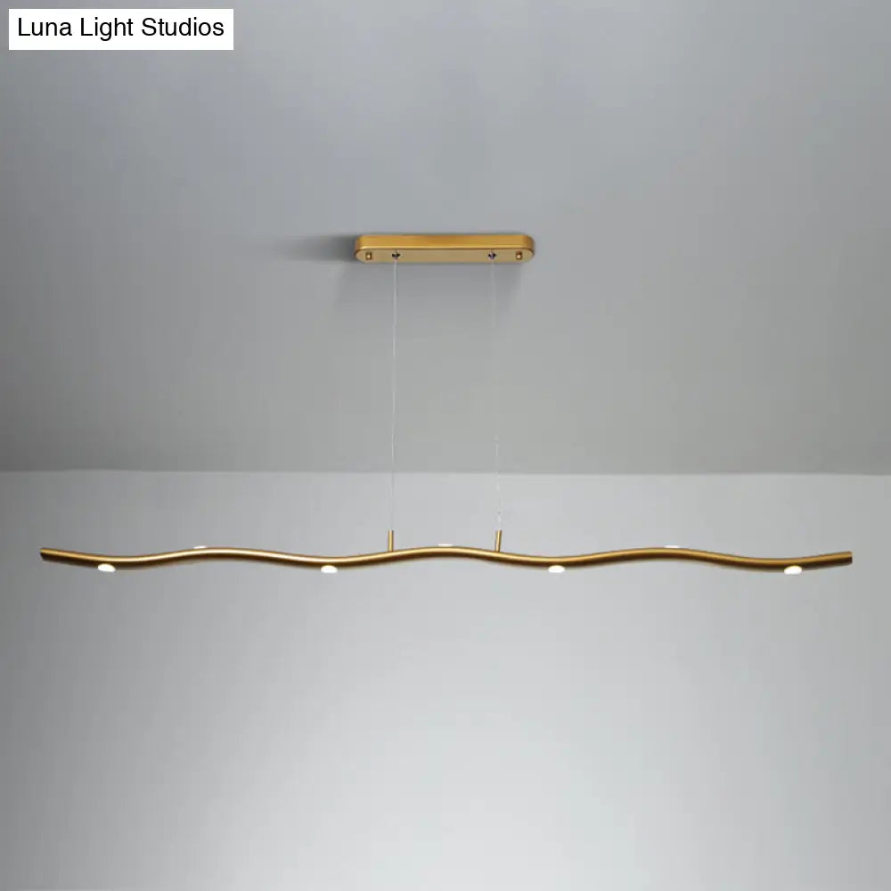 Sleek Led Metallic Ceiling Chandelier - Gold/Wood Waving Line Suspension Light In Warm/White