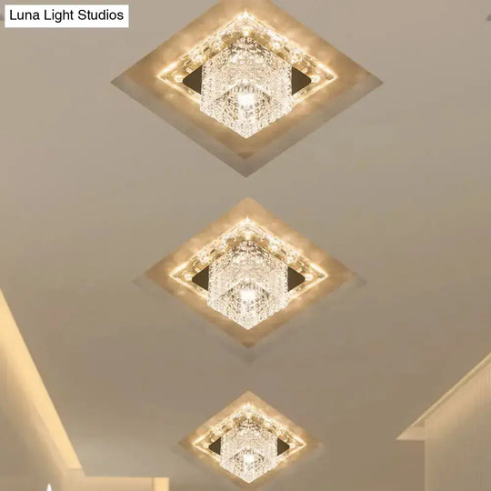 Sleek Led Porch Flush Mount Ceiling Fixture With Chrome Finish And Crystal Cube Shade