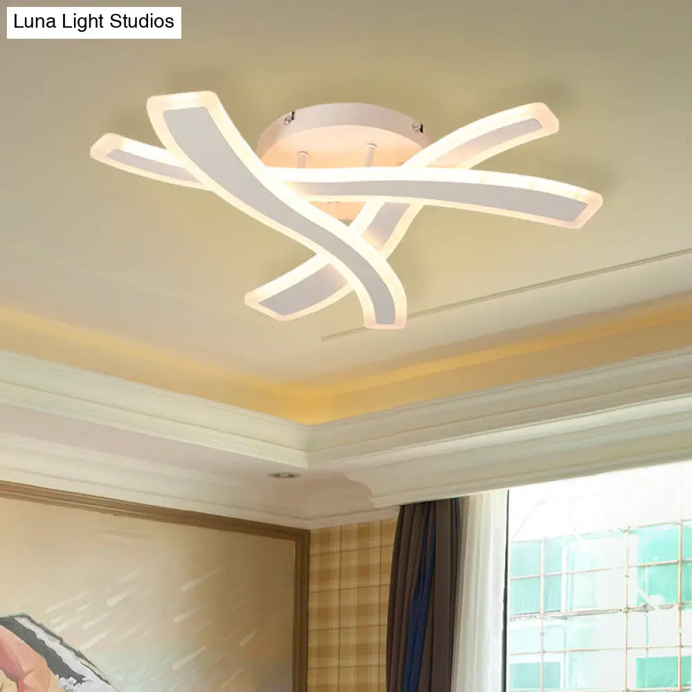 Sleek Led Semi Flush Mount Fixture With Stylish White Crossing Wave Design And Acrylic Shade