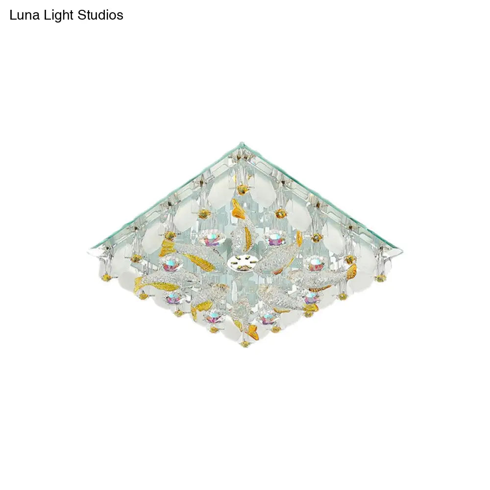 Sleek Led Square Flush Mount Crystal Ceiling Light For Balcony - Clear & Stylish