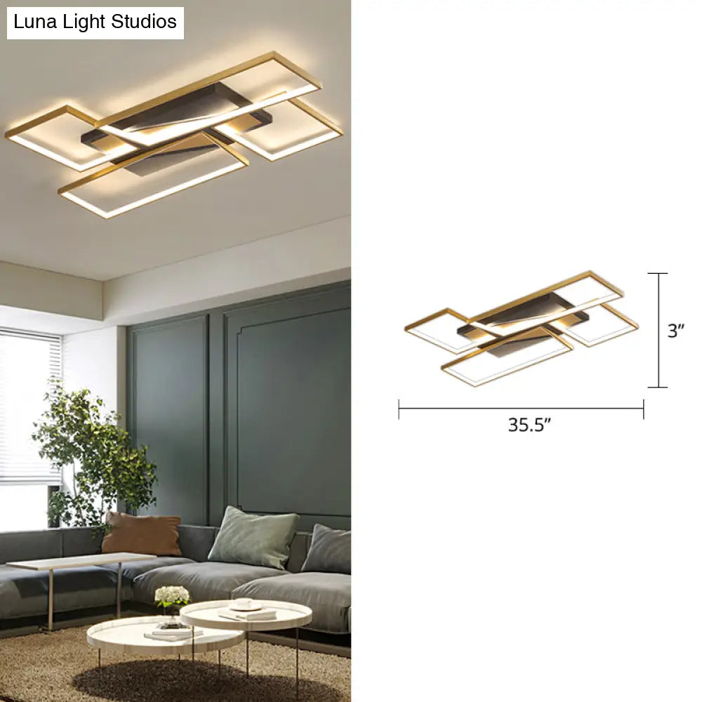 Sleek Living Room Shine: Simplistic Black-Gold Led Metal Rectangle Flush Mount Ceiling Lamp. Black /