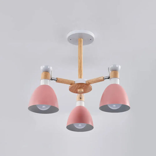 Sleek Macaron Bell Chandelier Metal Hanging Light With Wooden Rod Perfect Bedroom Lighting 3 / Pink