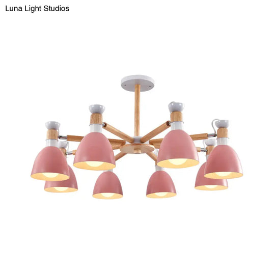 Sleek Macaron Bell Chandelier Metal Hanging Light With Wooden Rod Perfect Bedroom Lighting