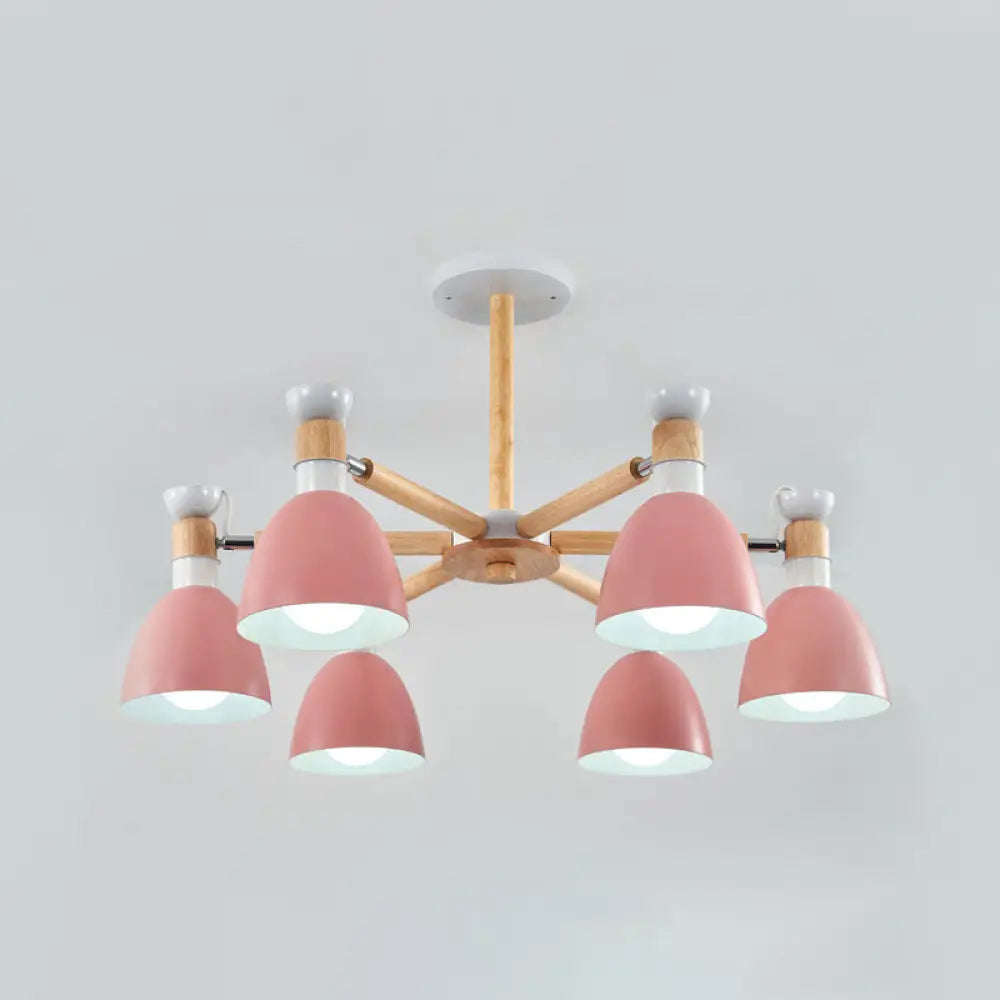 Sleek Macaron Bell Chandelier Metal Hanging Light With Wooden Rod Perfect Bedroom Lighting 6 / Pink