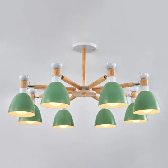 Sleek Macaron Bell Chandelier Metal Hanging Light With Wooden Rod Perfect Bedroom Lighting 8 / Green