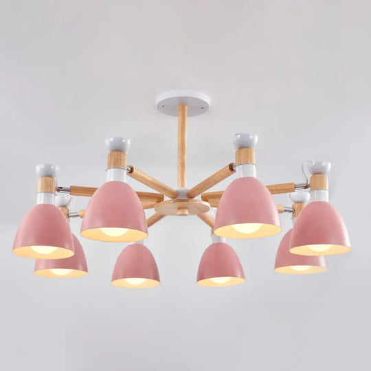 Sleek Macaron Bell Chandelier Metal Hanging Light With Wooden Rod Perfect Bedroom Lighting 8 / Pink