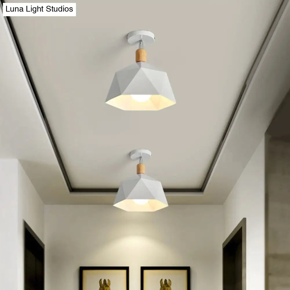 Sleek Macaron Rotating Ceiling Lamp With Wood Accent - Polygon Corridor Semi Flush Light Metallic 1