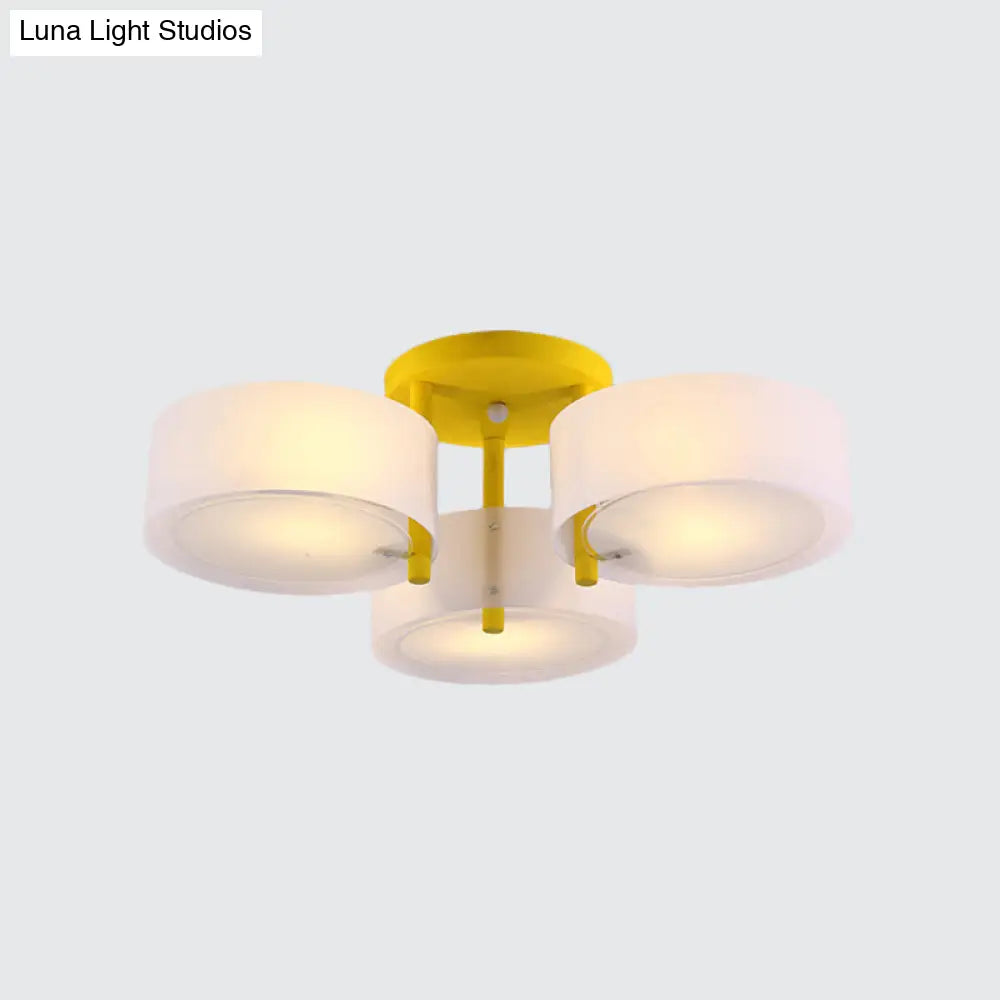 Sleek Macaron Semi Flush Mount Ceiling Light With Frosted Glass Drum Shade - 3 Lights For Kids